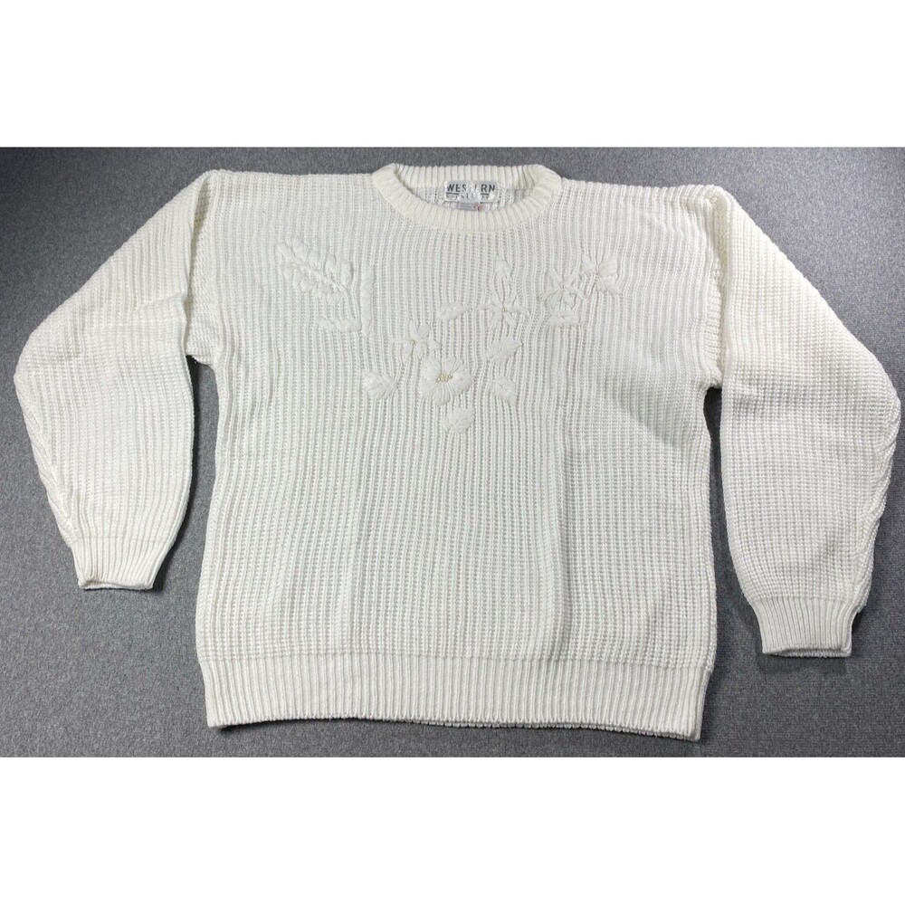 Vintage Western Connection Women’s Sweater Beading Floral Sz L White
